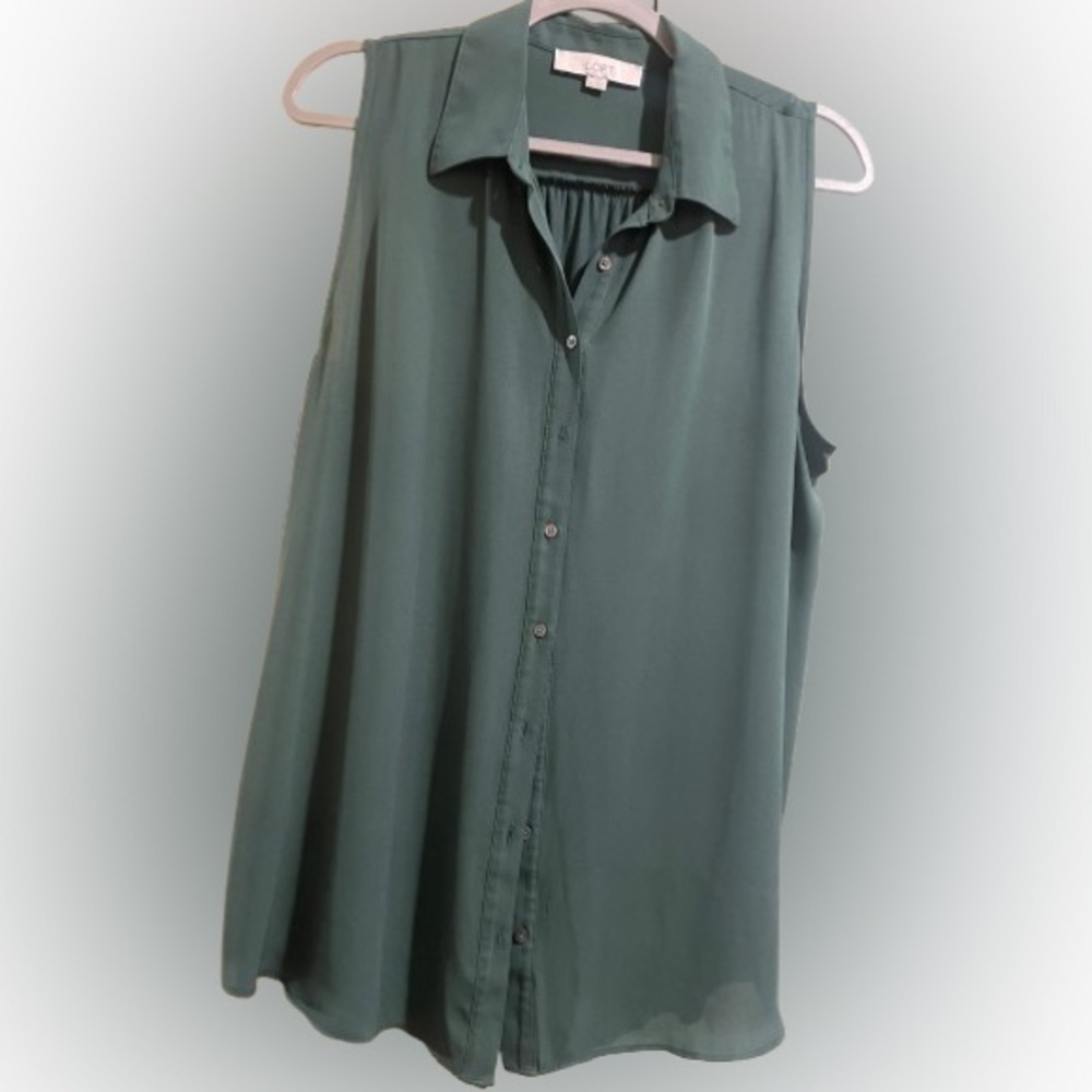 LOFT Sleeveless Dark Green Button-Down Shirt